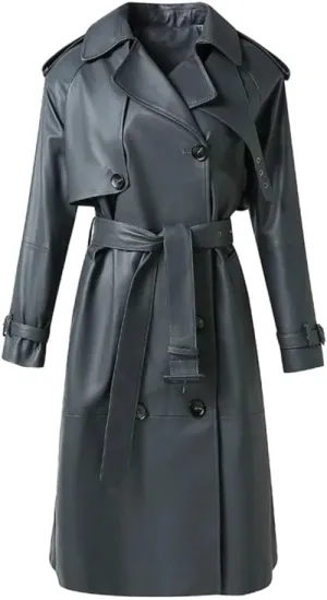 Genuine Sheepskin Leather Lapel Button with Belted Fashionable Long Trench Stunning Grey Coat for Women