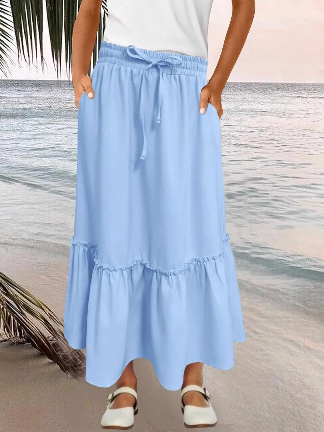 Girls High Waisted Ruffle Maxi Skirt Soft Cotton Long Skirts with Elastic Waistband for Kid Girl 3-12 Years