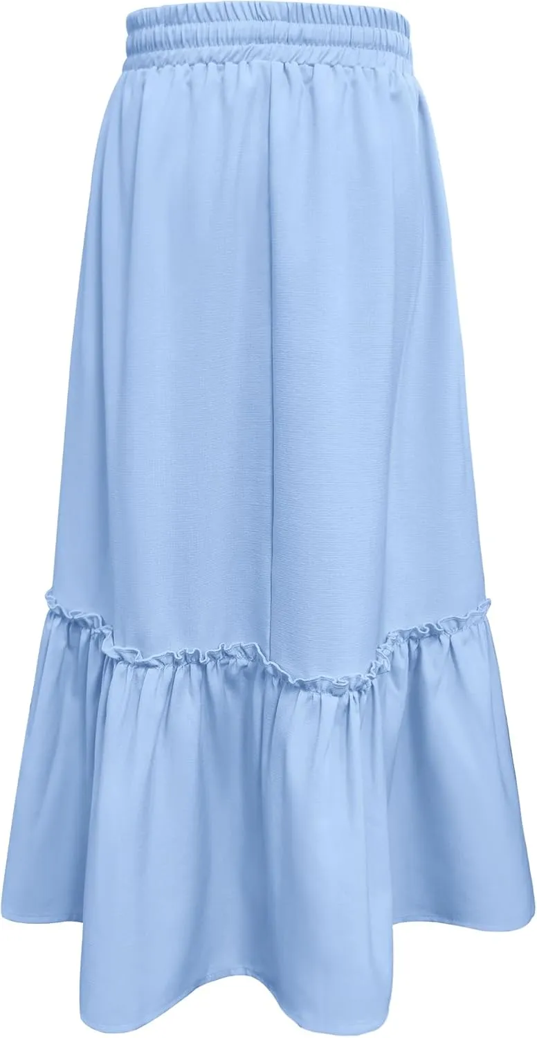 Girls High Waisted Ruffle Maxi Skirt Soft Cotton Long Skirts with Elastic Waistband for Kid Girl 3-12 Years