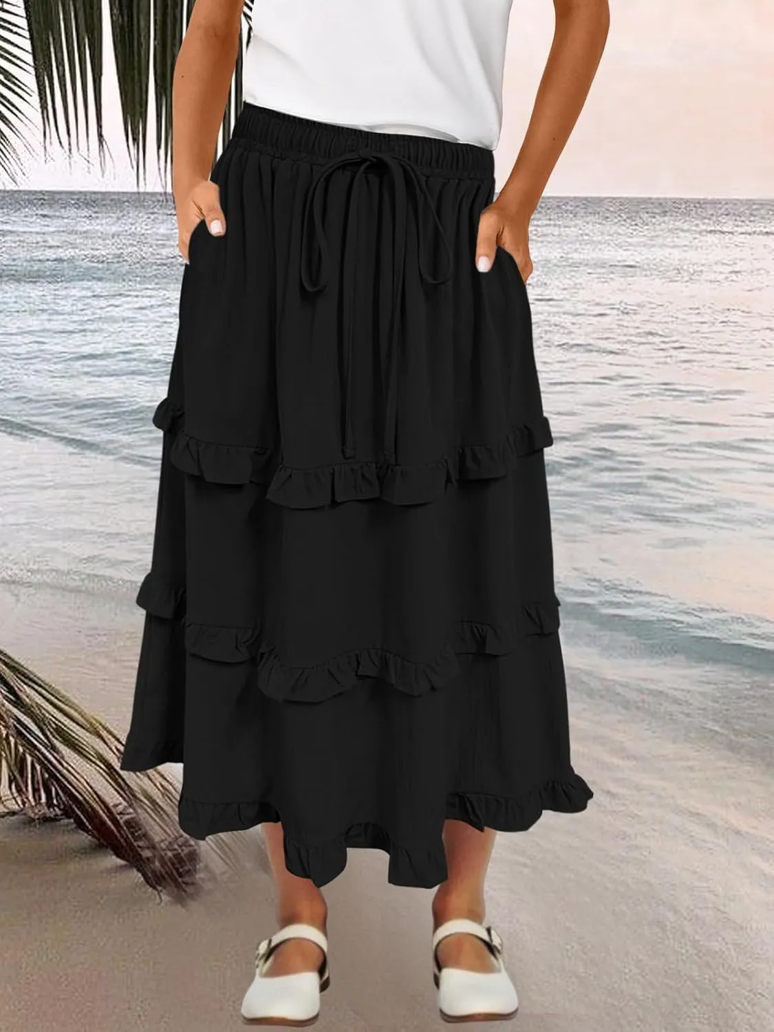 Girls High Waisted Ruffle Maxi Skirt Soft Cotton Long Skirts with Elastic Waistband for Kid Girl 3-12 Years