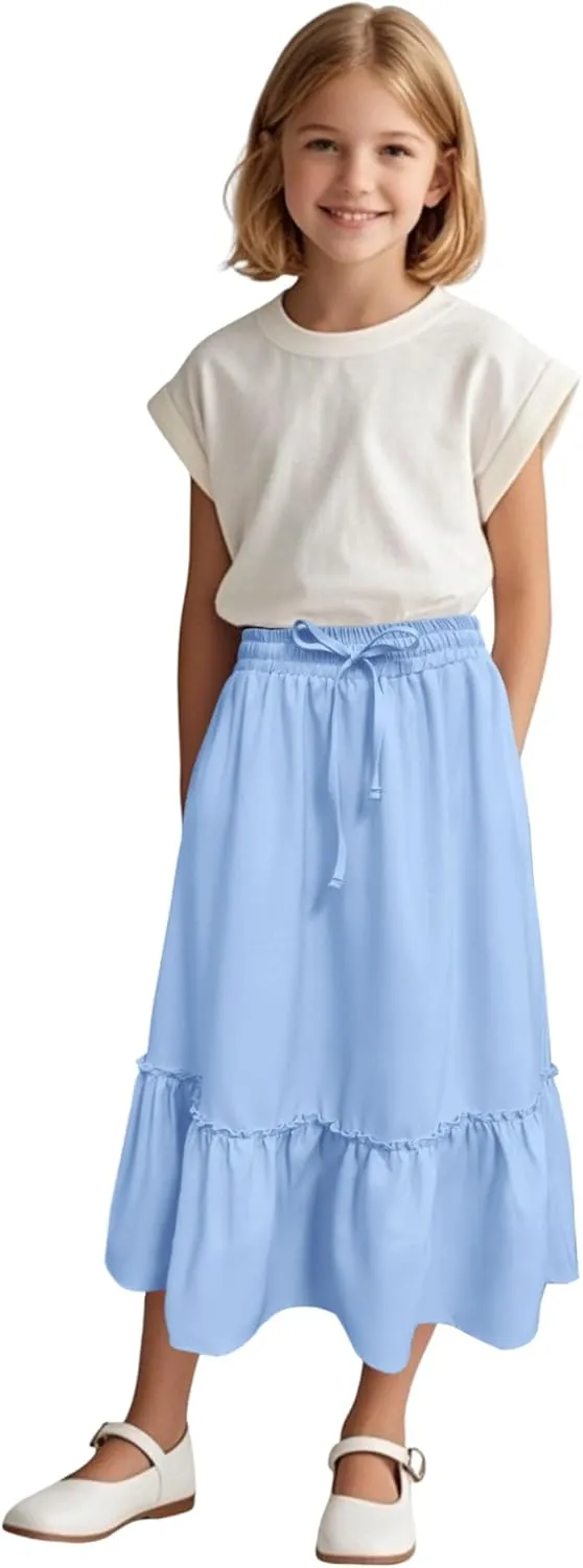 Girls High Waisted Ruffle Maxi Skirt Soft Cotton Long Skirts with Elastic Waistband for Kid Girl 3-12 Years