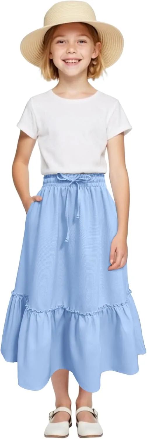 Girls High Waisted Ruffle Maxi Skirt Soft Cotton Long Skirts with Elastic Waistband for Kid Girl 3-12 Years