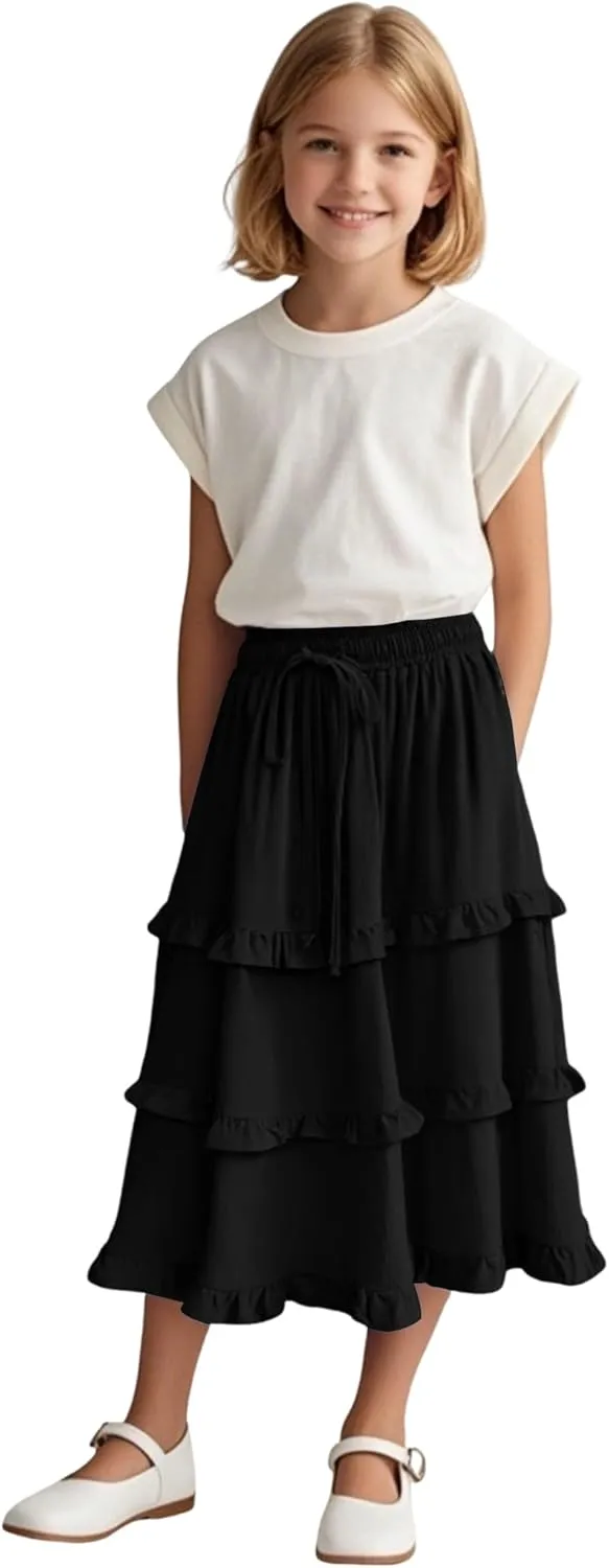 Girls High Waisted Ruffle Maxi Skirt Soft Cotton Long Skirts with Elastic Waistband for Kid Girl 3-12 Years