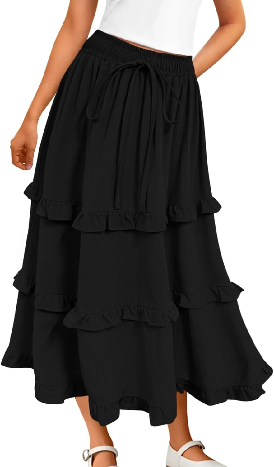 Girls High Waisted Ruffle Maxi Skirt Soft Cotton Long Skirts with Elastic Waistband for Kid Girl 3-12 Years