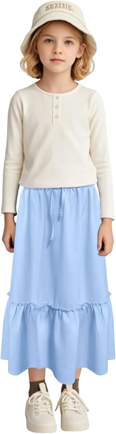 Girls High Waisted Ruffle Maxi Skirt Soft Cotton Long Skirts with Elastic Waistband for Kid Girl 3-12 Years