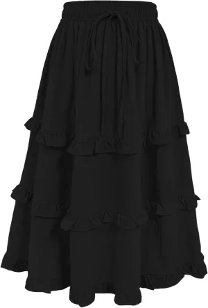 Girls High Waisted Ruffle Maxi Skirt Soft Cotton Long Skirts with Elastic Waistband for Kid Girl 3-12 Years