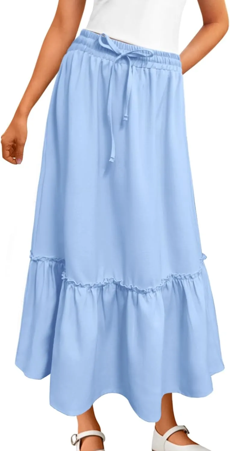 Girls High Waisted Ruffle Maxi Skirt Soft Cotton Long Skirts with Elastic Waistband for Kid Girl 3-12 Years