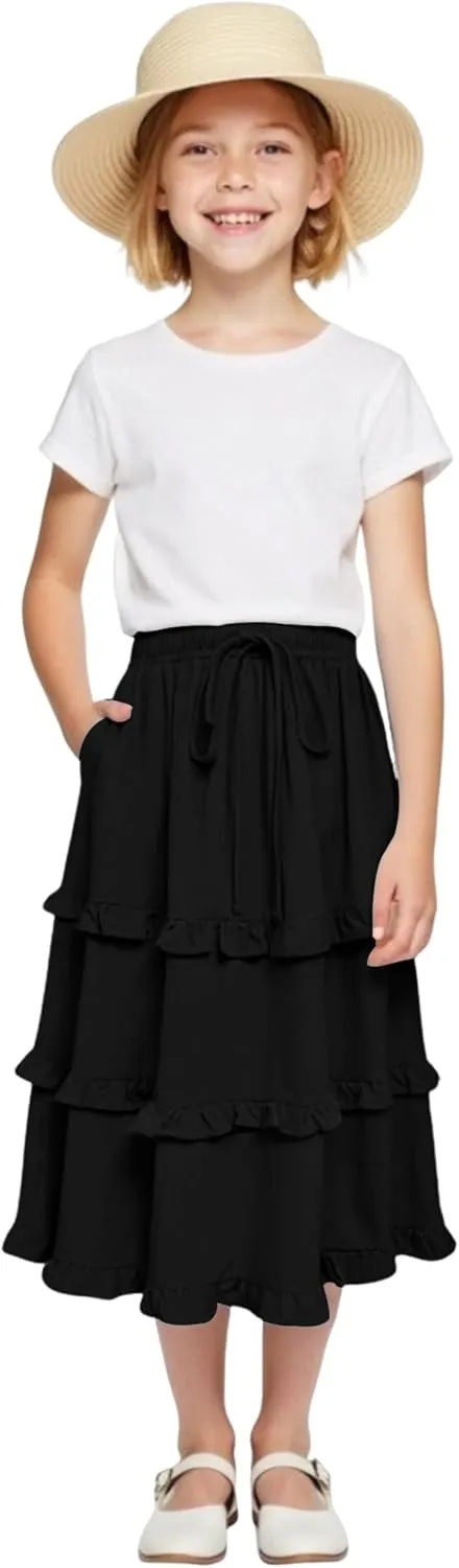 Girls High Waisted Ruffle Maxi Skirt Soft Cotton Long Skirts with Elastic Waistband for Kid Girl 3-12 Years