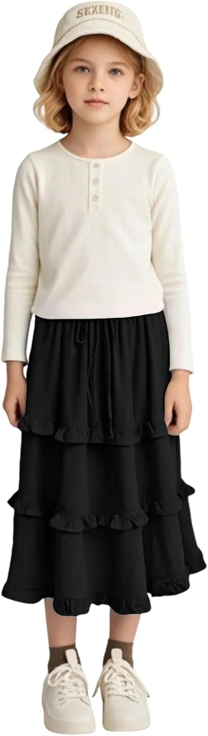 Girls High Waisted Ruffle Maxi Skirt Soft Cotton Long Skirts with Elastic Waistband for Kid Girl 3-12 Years