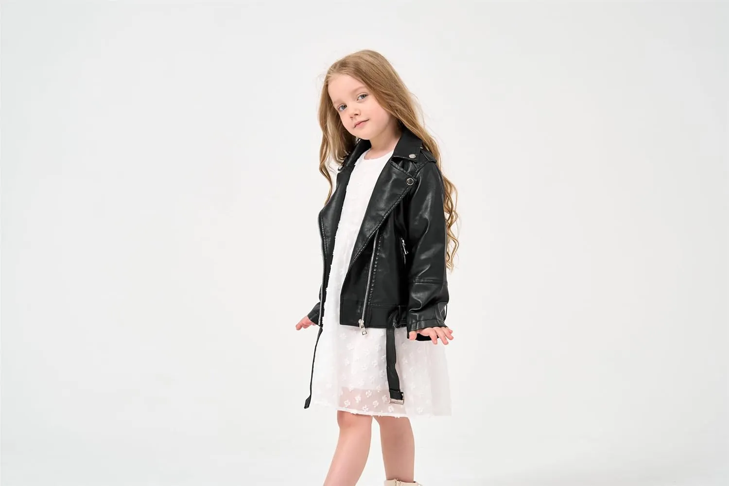 Girls Leather Jacket Kids Flight Bomber Aviator Moto Biker Jackets Dress Coat