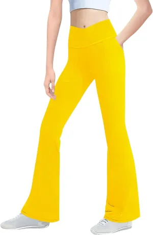Girls' Leggings Cross Flare Pants with Pockets Black Soft Stretchy High Waisted Pants for Kids Child Yoga Dance