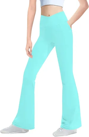 Girls' Leggings Cross Flare Pants with Pockets Black Soft Stretchy High Waisted Pants for Kids Child Yoga Dance