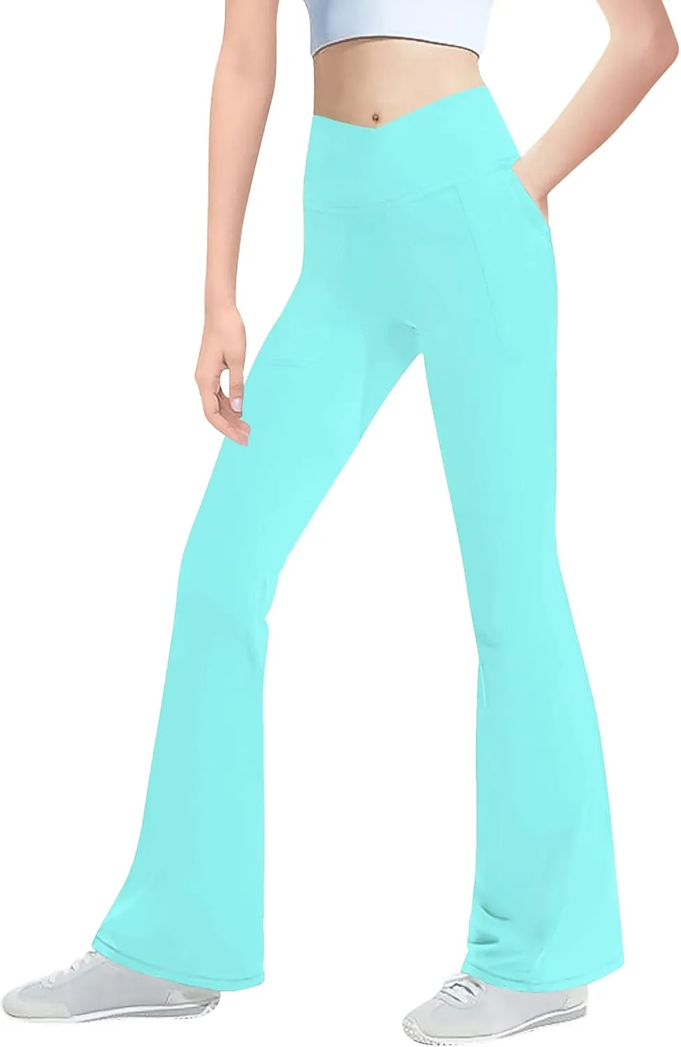 Girls' Leggings Cross Flare Pants with Pockets Black Soft Stretchy High Waisted Pants for Kids Child Yoga Dance