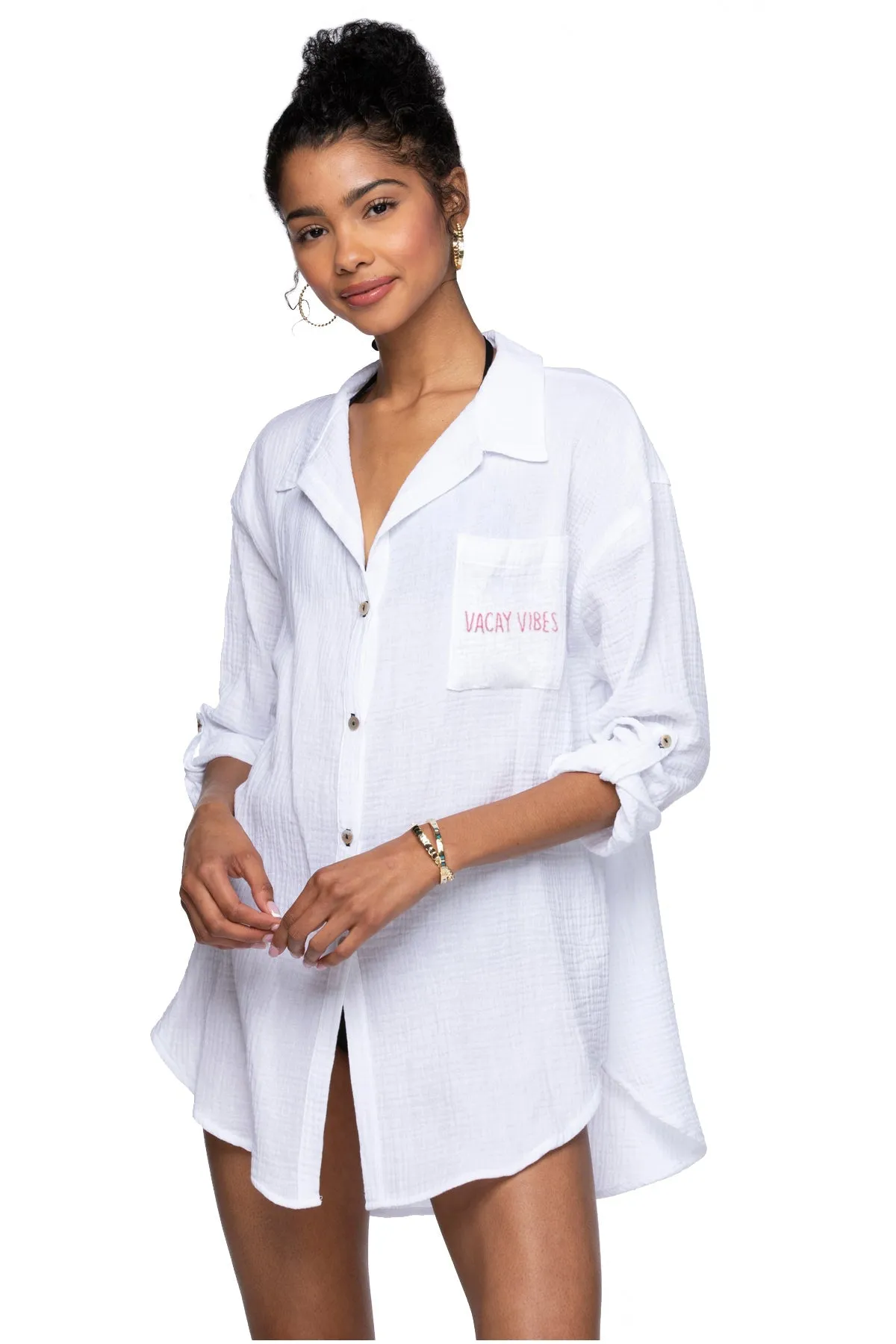 Golden Sun 3/4 Sleeve Good Vibes Cotton Gauze Shirt Mini Dress