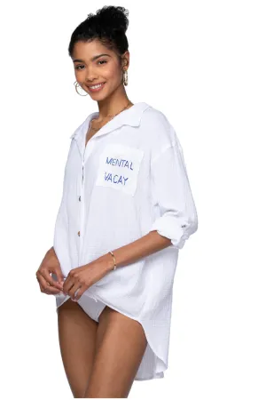 Golden Sun 3/4 Sleeve Good Vibes Cotton Gauze Shirt Mini Dress