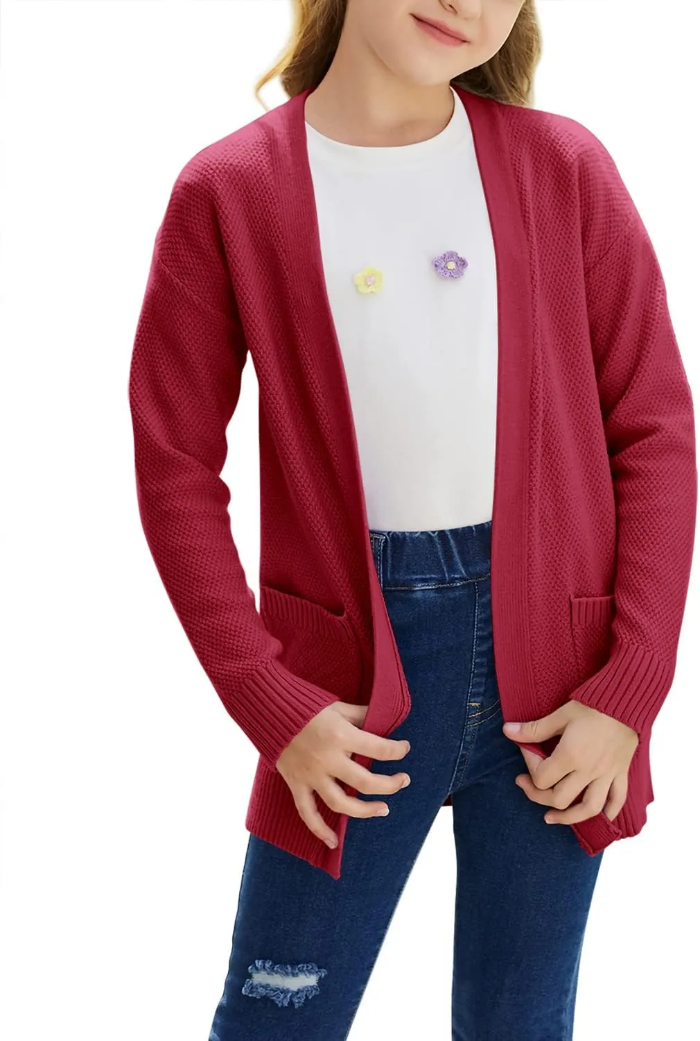 Goranbon Girls' Cardigan Sweaters Open Front Long Sleeve Casual Sweater Coats with Pockets