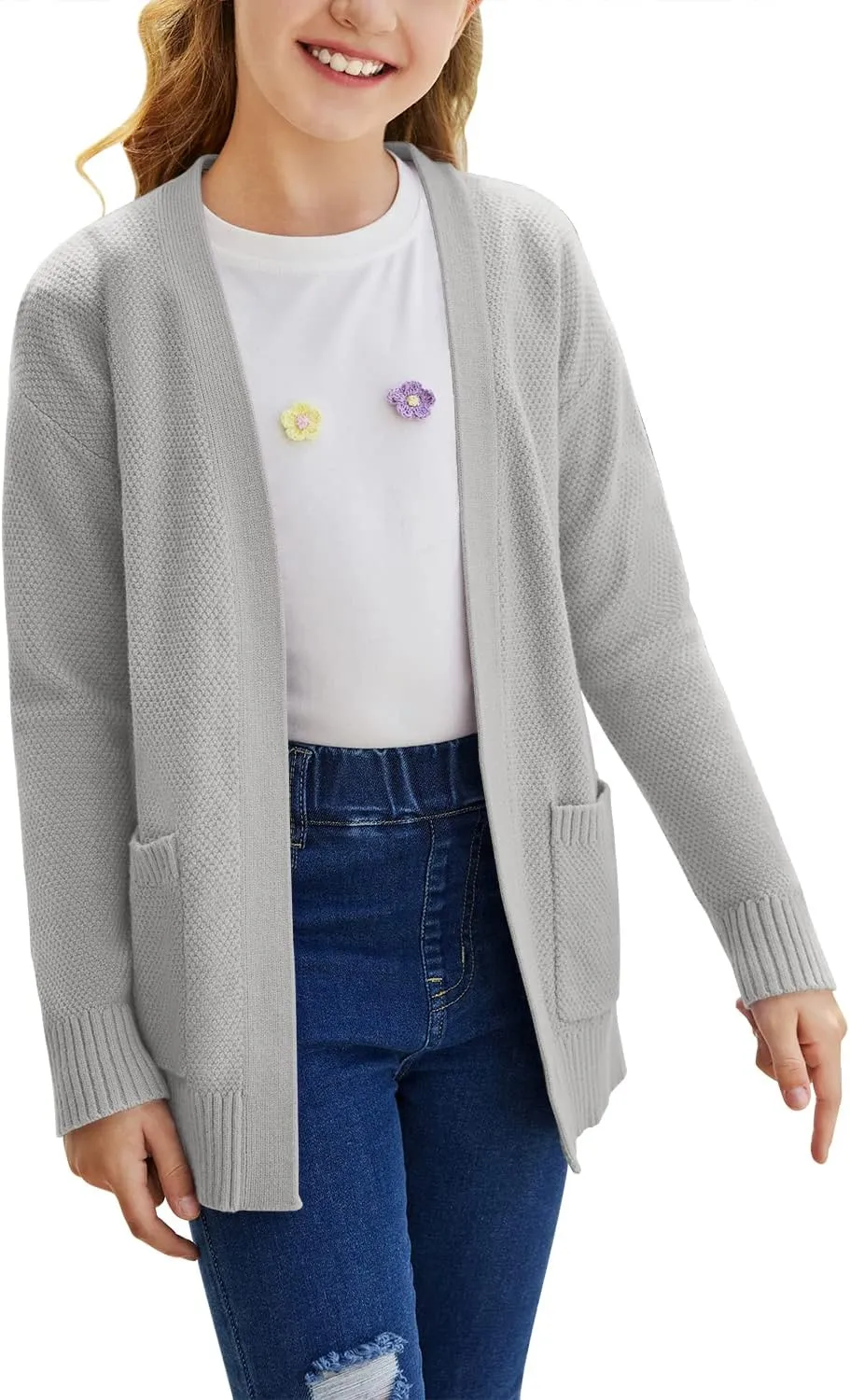 Goranbon Girls' Cardigan Sweaters Open Front Long Sleeve Casual Sweater Coats with Pockets