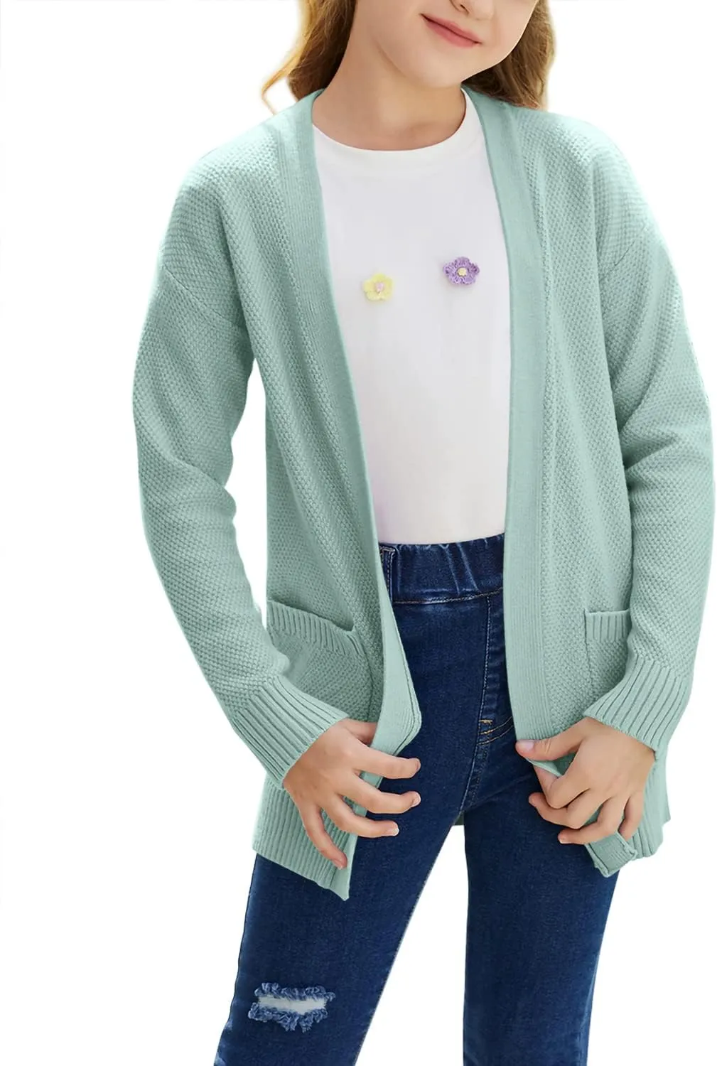 Goranbon Girls' Cardigan Sweaters Open Front Long Sleeve Casual Sweater Coats with Pockets