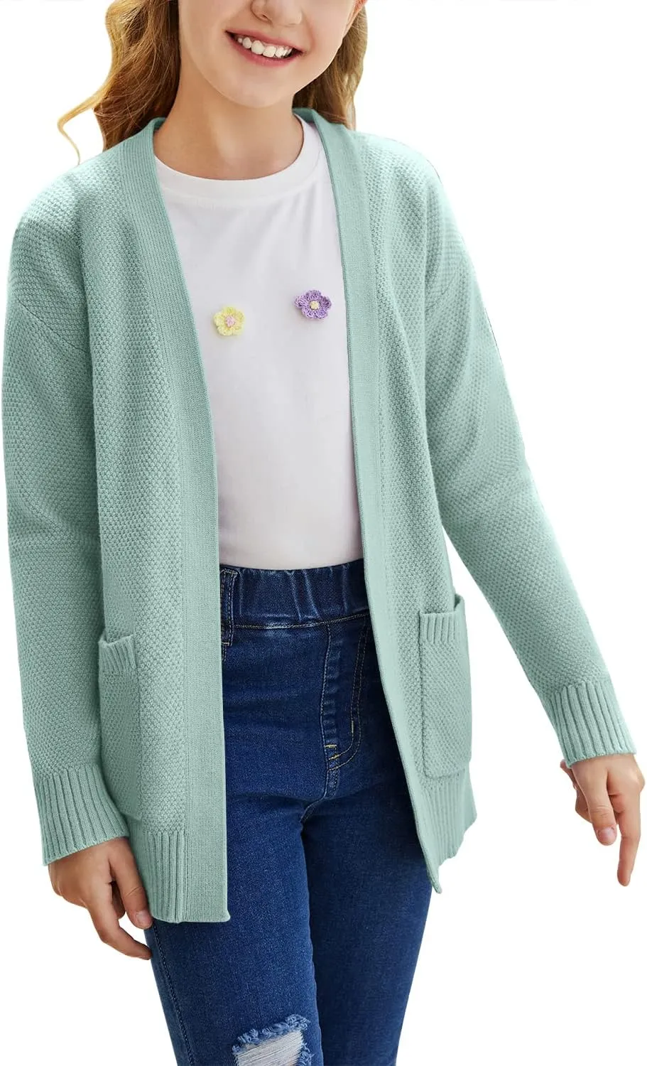 Goranbon Girls' Cardigan Sweaters Open Front Long Sleeve Casual Sweater Coats with Pockets