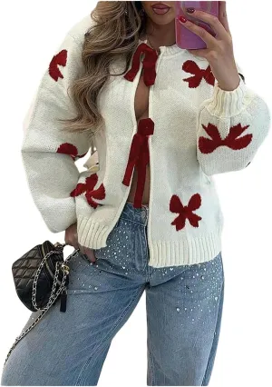GORGLITTER Women's Bow Tie Front Cardigans Sweater Crew Neck Long Sleeve Knit Sweaters