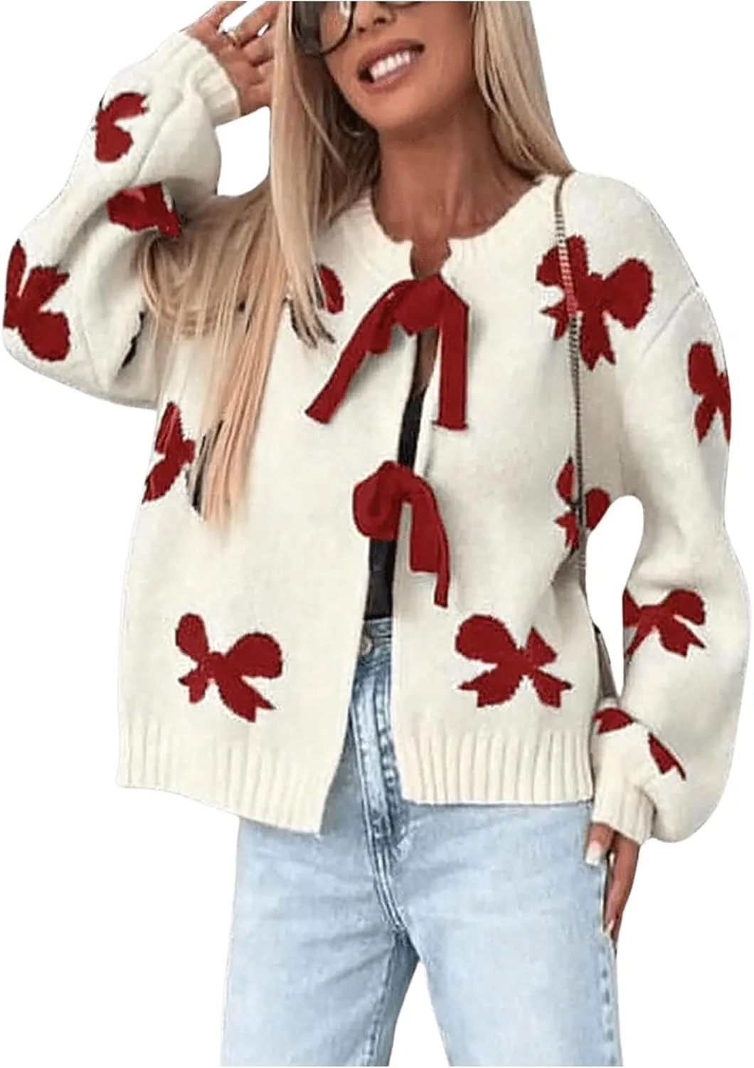 GORGLITTER Women's Bow Tie Front Cardigans Sweater Crew Neck Long Sleeve Knit Sweaters