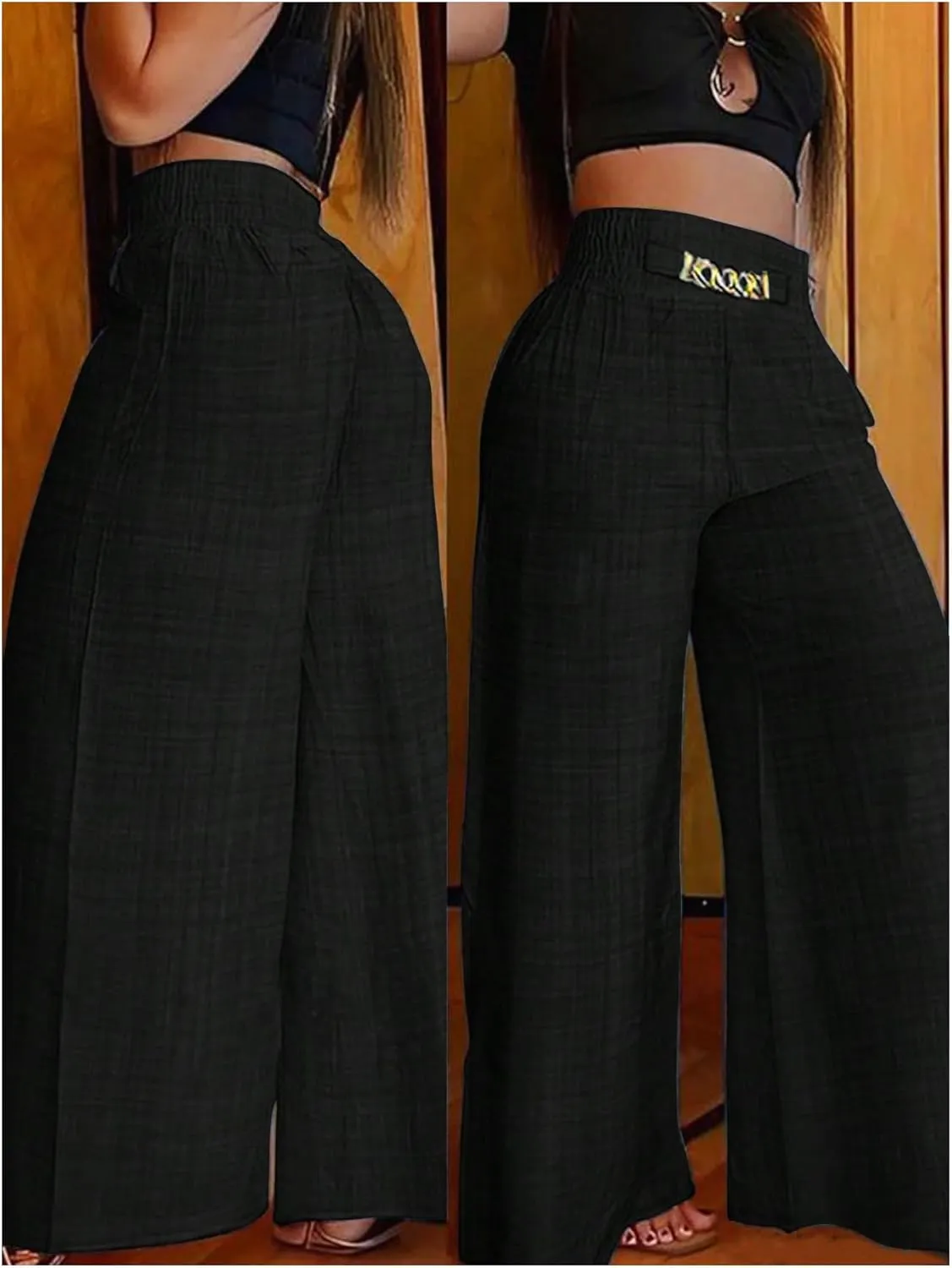 GORGLITTER Women's Metal Chain Decor Palazzo Wide Leg Pants High Waisted Pleated Loose Lounge Pants
