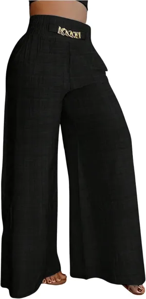 GORGLITTER Women's Metal Chain Decor Palazzo Wide Leg Pants High Waisted Pleated Loose Lounge Pants