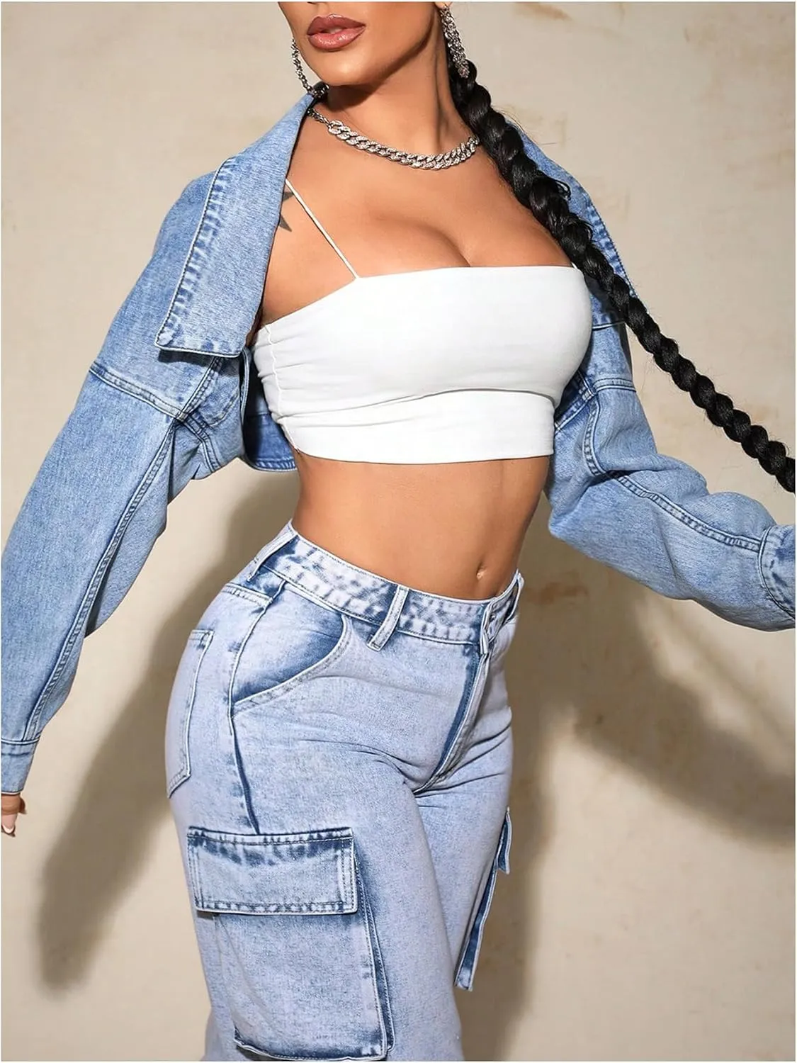 GORGLITTER Women's Y2k Open Front Cropped Denim Jean Long Sleeve Jacket Coat Outerwear