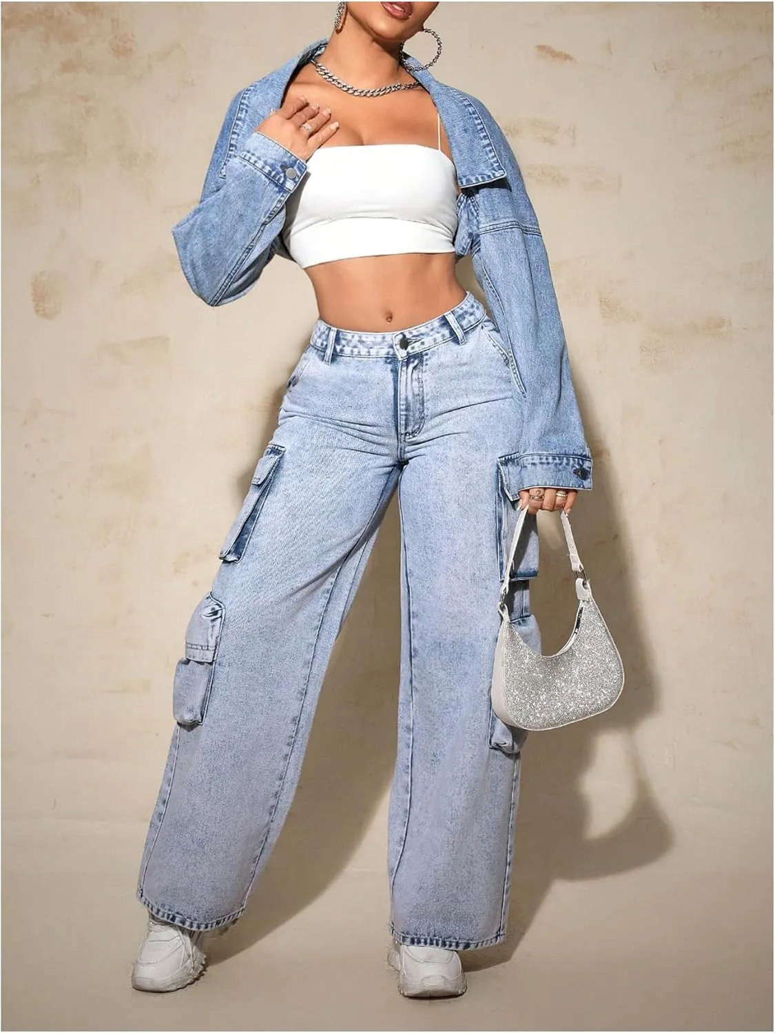 GORGLITTER Women's Y2k Open Front Cropped Denim Jean Long Sleeve Jacket Coat Outerwear