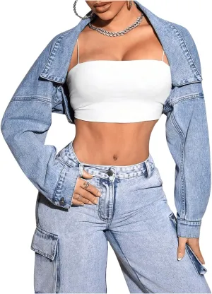 GORGLITTER Women's Y2k Open Front Cropped Denim Jean Long Sleeve Jacket Coat Outerwear