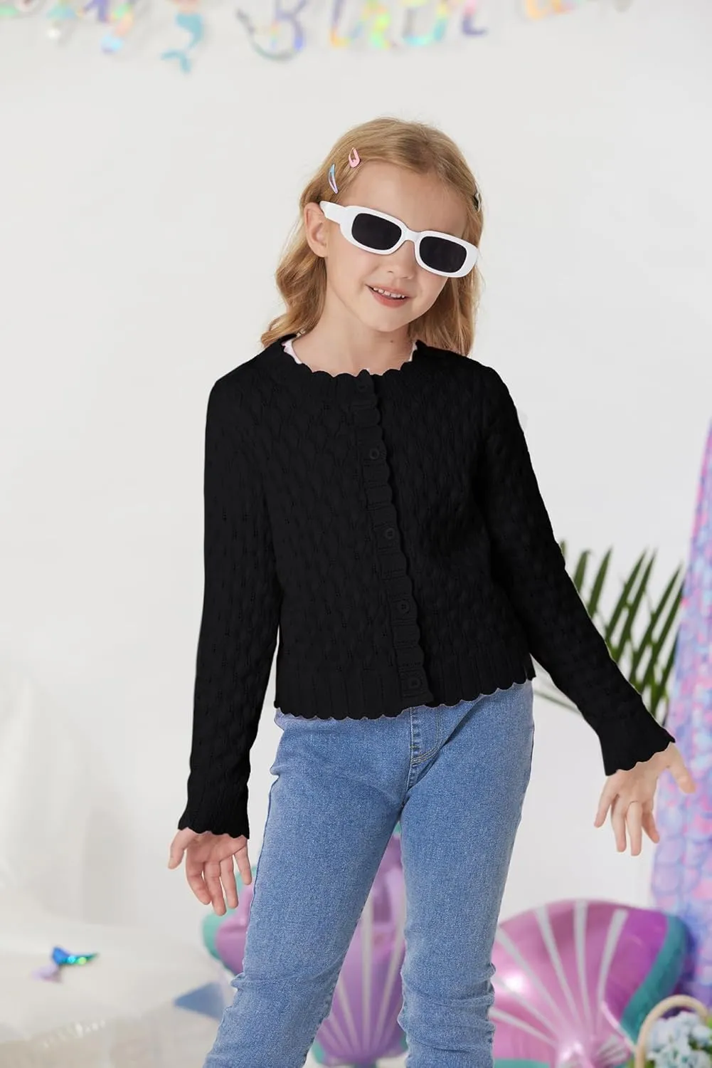 GRACE KARIN Girls Cropped Cardigan Sweaters Long Sleeve Cable Knit Button Front Sweater 5-12Y