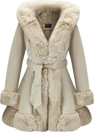 GRAN ORIENTE Suede Jacket for Women with Faux Fur Collar,Long Sleeve Warm Winter Parka Coat with Belt Outerwear