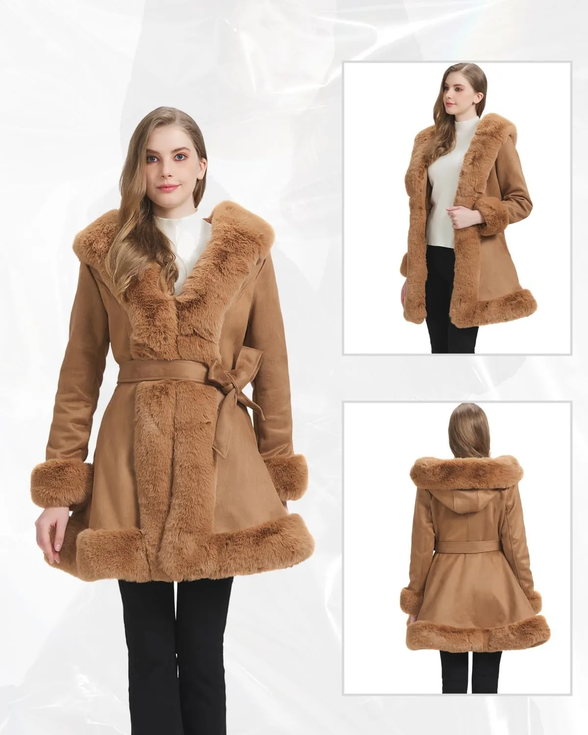 GRAN ORIENTE Suede Jacket for Women with Faux Fur Collar,Long Sleeve Warm Winter Parka Coat with Belt Outerwear