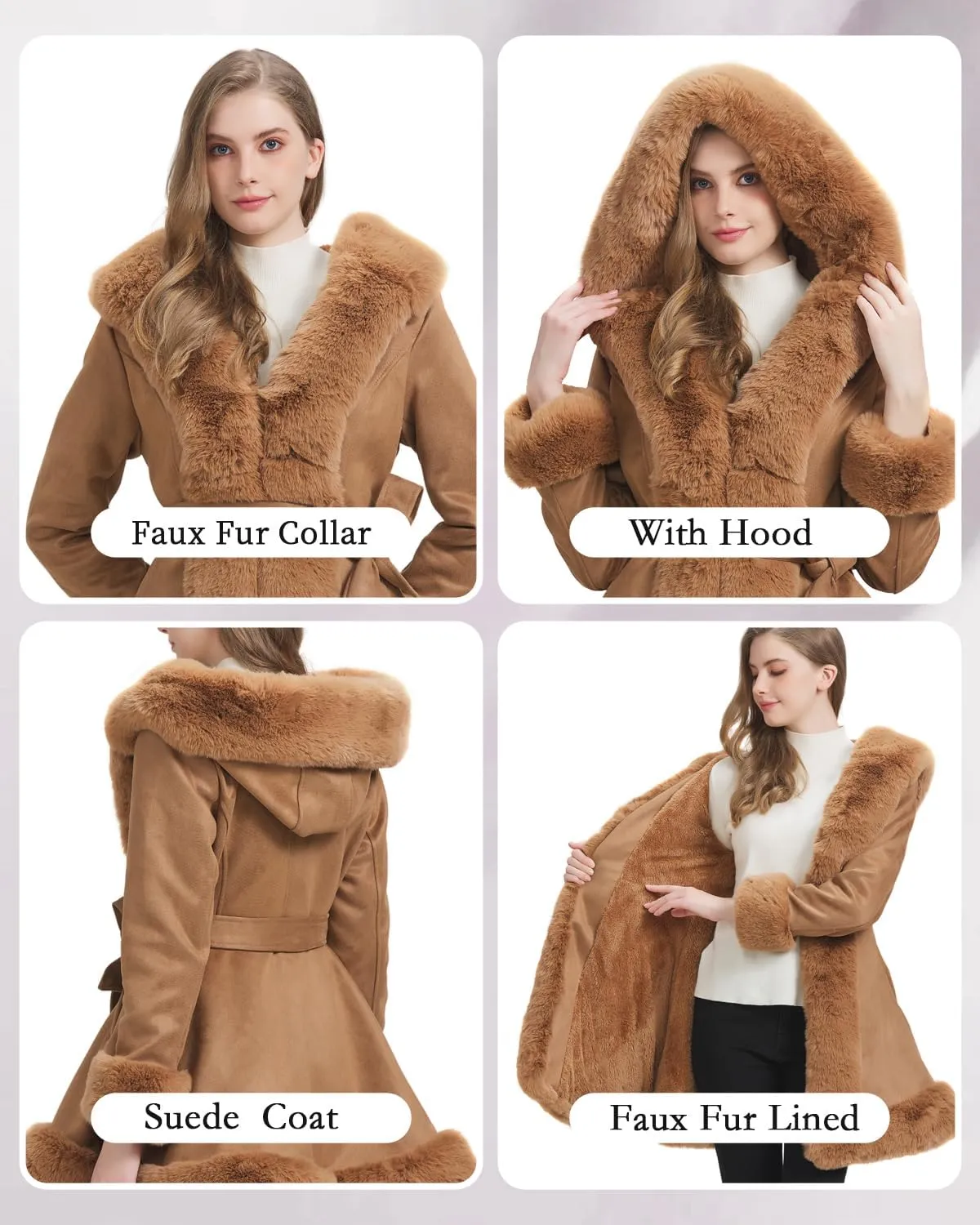 GRAN ORIENTE Suede Jacket for Women with Faux Fur Collar,Long Sleeve Warm Winter Parka Coat with Belt Outerwear