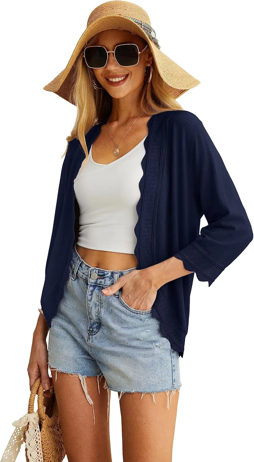 GRECERELLE Women's 3/4 Sleeve Summer Cardigan Lightweight Casual Open-Front Cropped Shrug Sweaters for Women