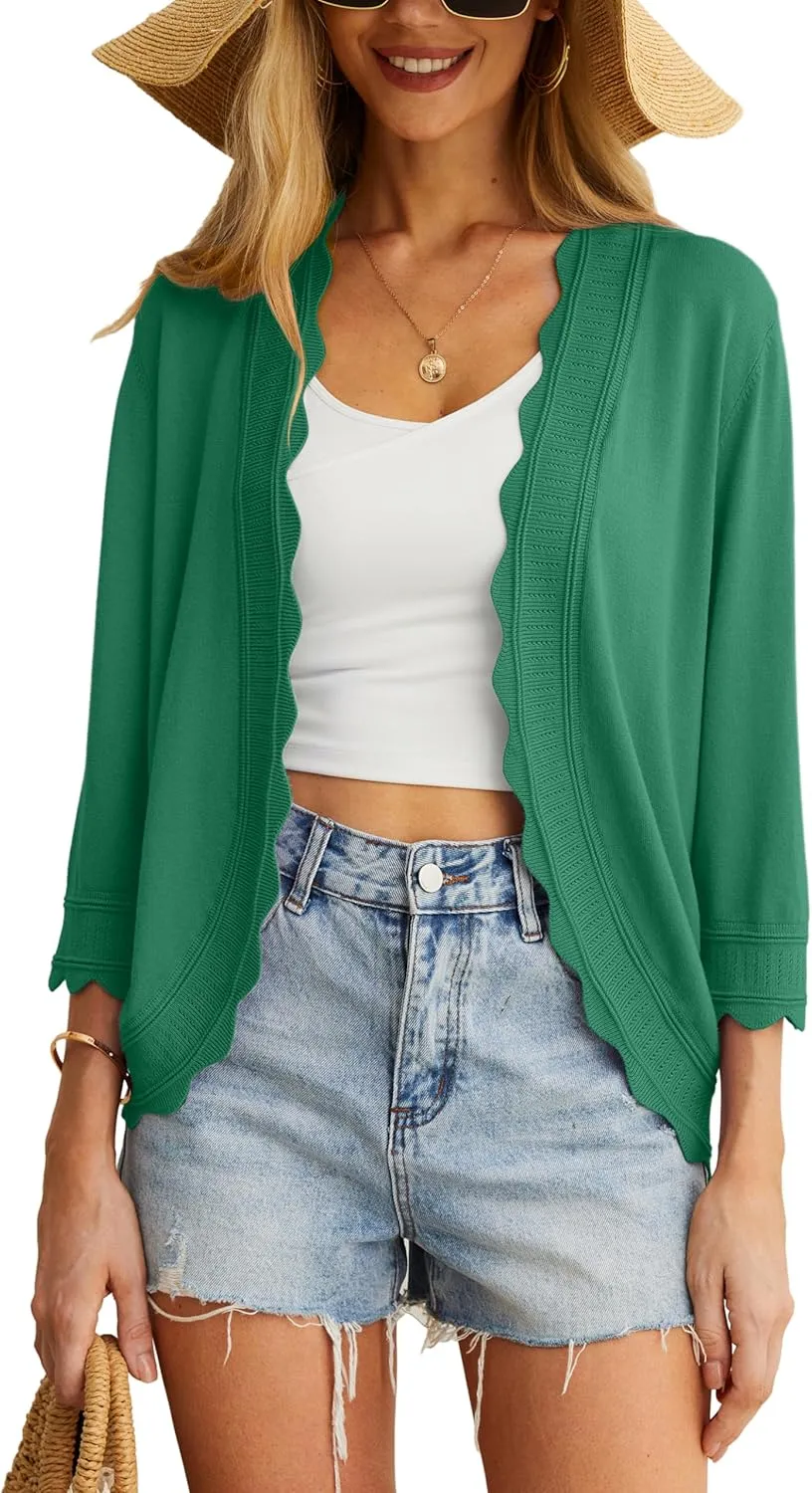 GRECERELLE Women's 3/4 Sleeve Summer Cardigan Lightweight Casual Open-Front Cropped Shrug Sweaters for Women