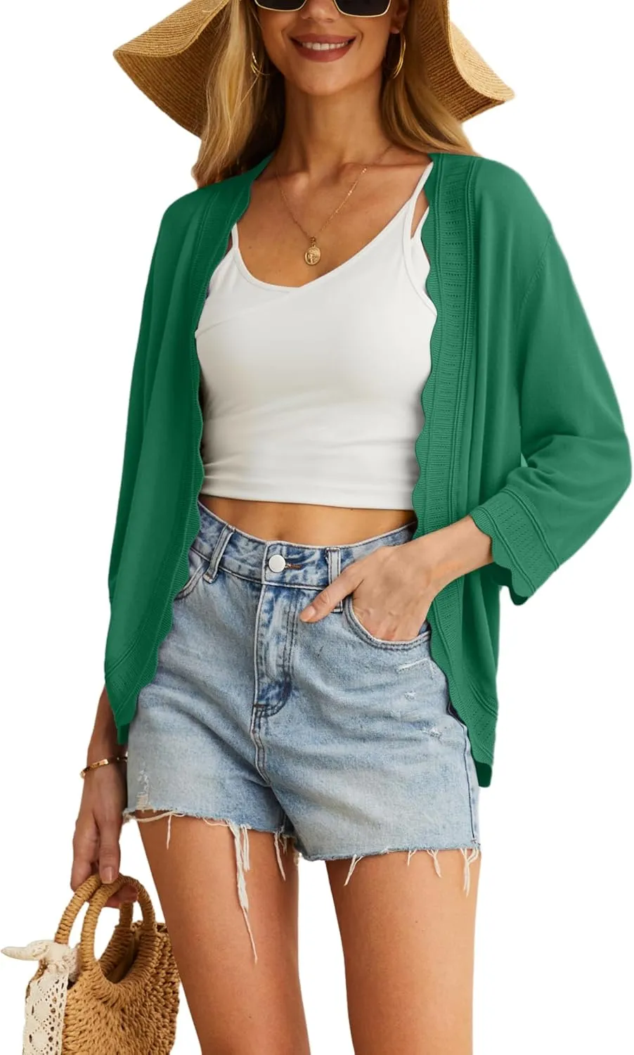 GRECERELLE Women's 3/4 Sleeve Summer Cardigan Lightweight Casual Open-Front Cropped Shrug Sweaters for Women