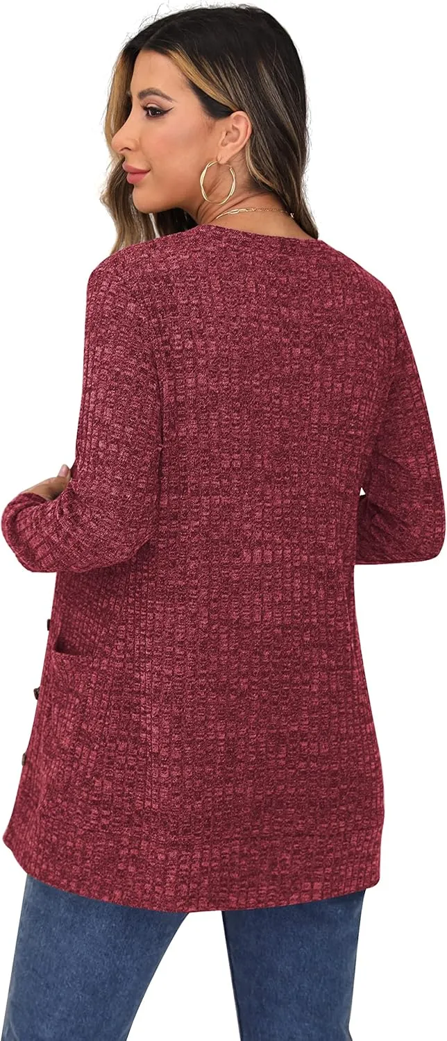 GRECERELLE Women's Long Sleeve Open Front Cardigan Button Down Ribbed Lightweight Knit Outerwear with Pocket
