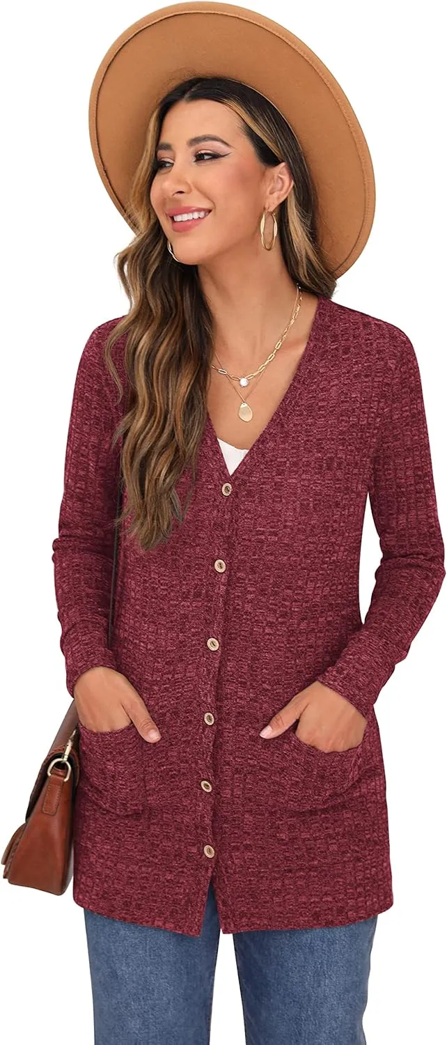 GRECERELLE Women's Long Sleeve Open Front Cardigan Button Down Ribbed Lightweight Knit Outerwear with Pocket