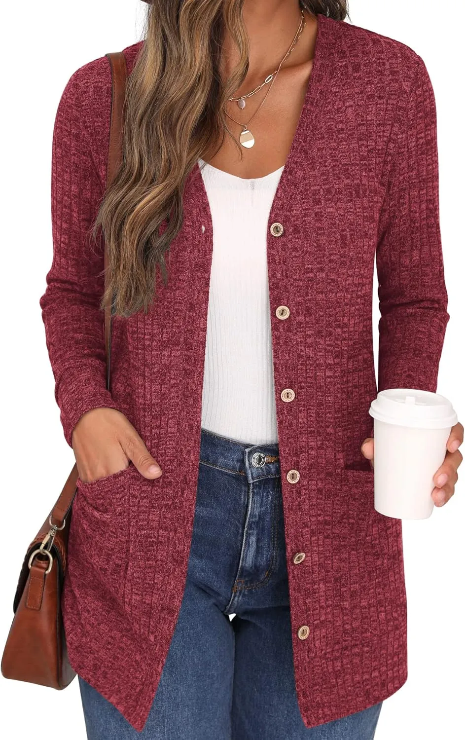 GRECERELLE Women's Long Sleeve Open Front Cardigan Button Down Ribbed Lightweight Knit Outerwear with Pocket