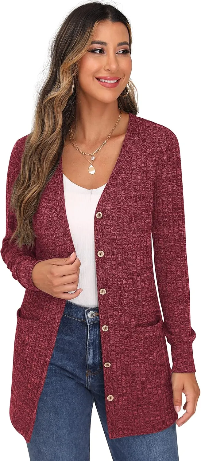 GRECERELLE Women's Long Sleeve Open Front Cardigan Button Down Ribbed Lightweight Knit Outerwear with Pocket