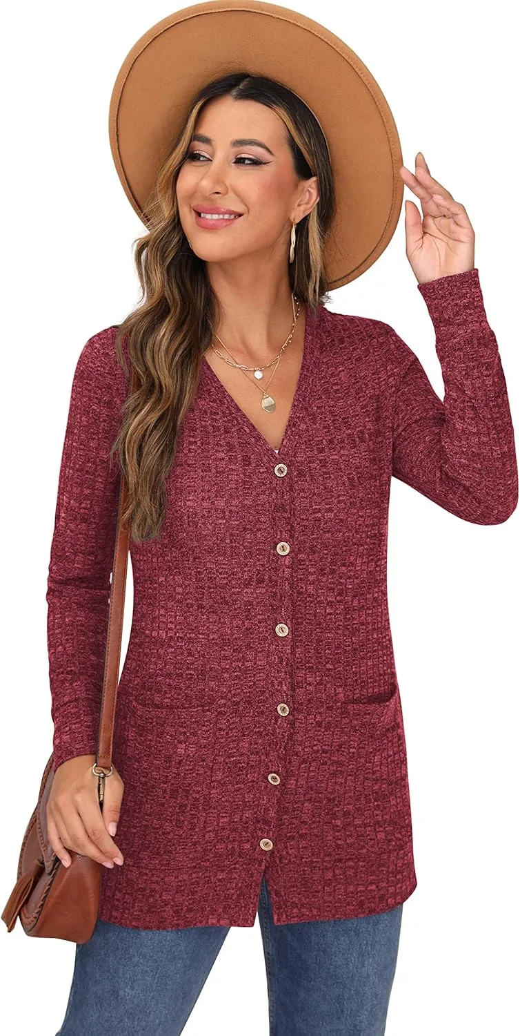 GRECERELLE Women's Long Sleeve Open Front Cardigan Button Down Ribbed Lightweight Knit Outerwear with Pocket