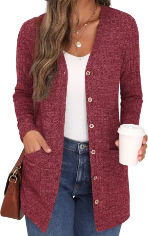 GRECERELLE Women's Long Sleeve Open Front Cardigan Button Down Ribbed Lightweight Knit Outerwear with Pocket