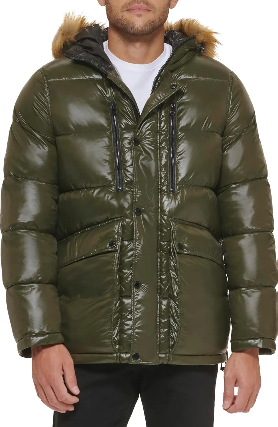 GUESS Men's Mid-Weight Puffer Jacket with Removable Hood