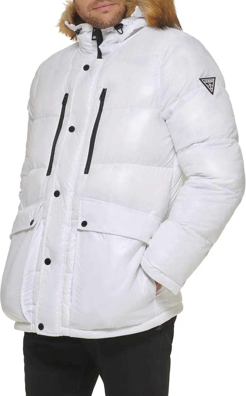 GUESS Men's Mid-Weight Puffer Jacket with Removable Hood