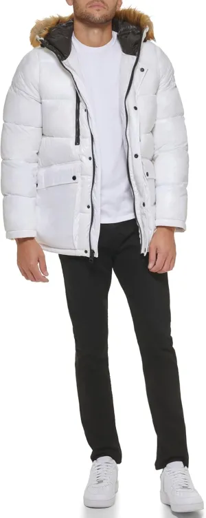GUESS Men's Mid-Weight Puffer Jacket with Removable Hood