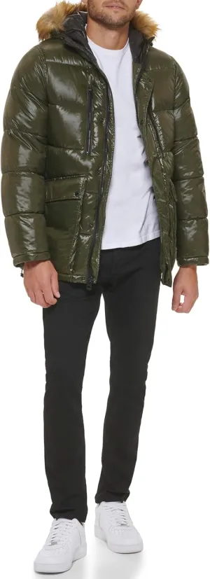 GUESS Men's Mid-Weight Puffer Jacket with Removable Hood