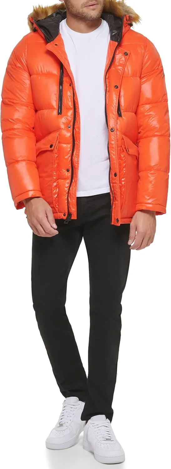 GUESS Men's Mid-Weight Puffer Jacket with Removable Hood