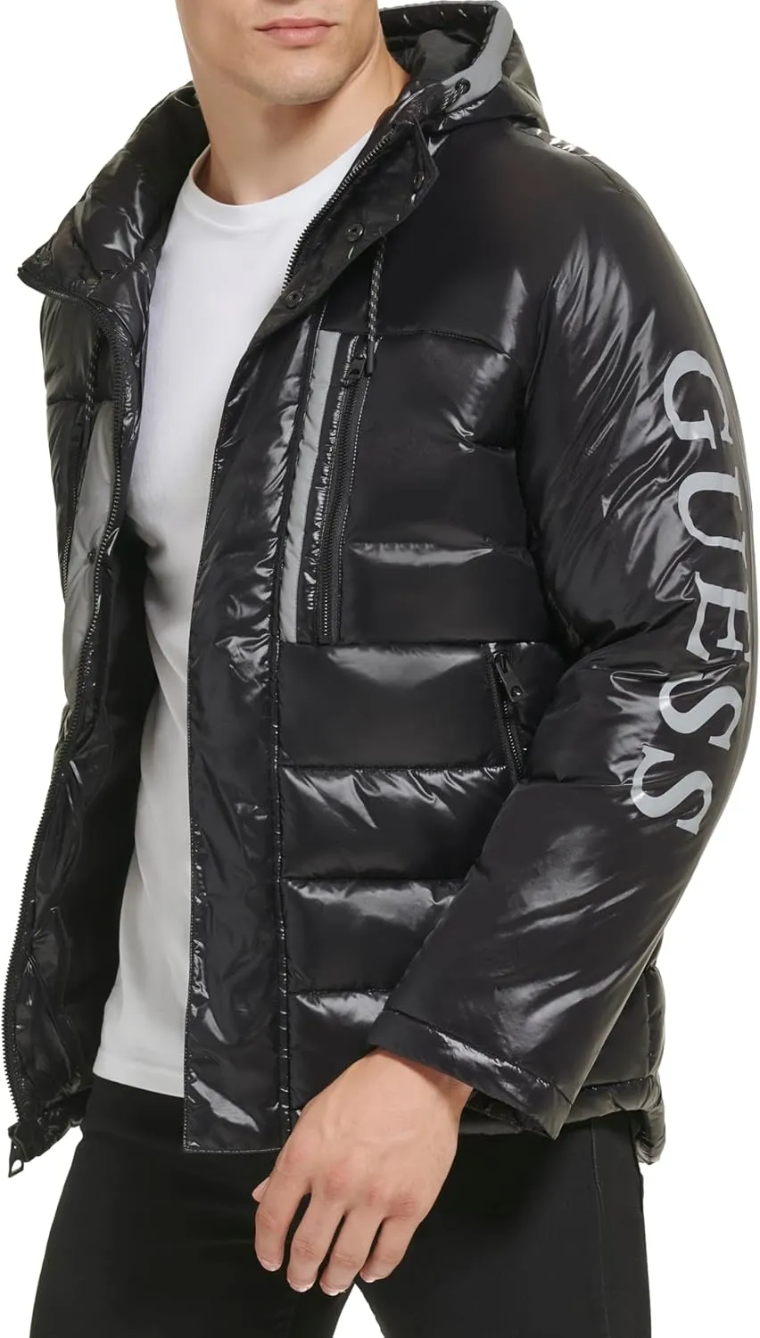 GUESS Men's Mid-Weight Puffer Jacket with Removable Hood