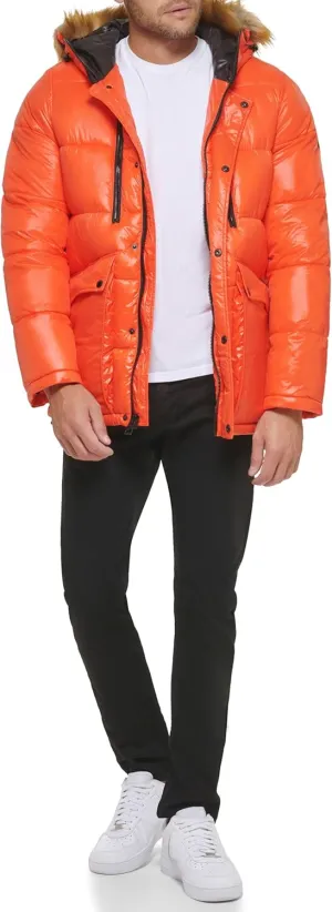 GUESS Men's Mid-Weight Puffer Jacket with Removable Hood